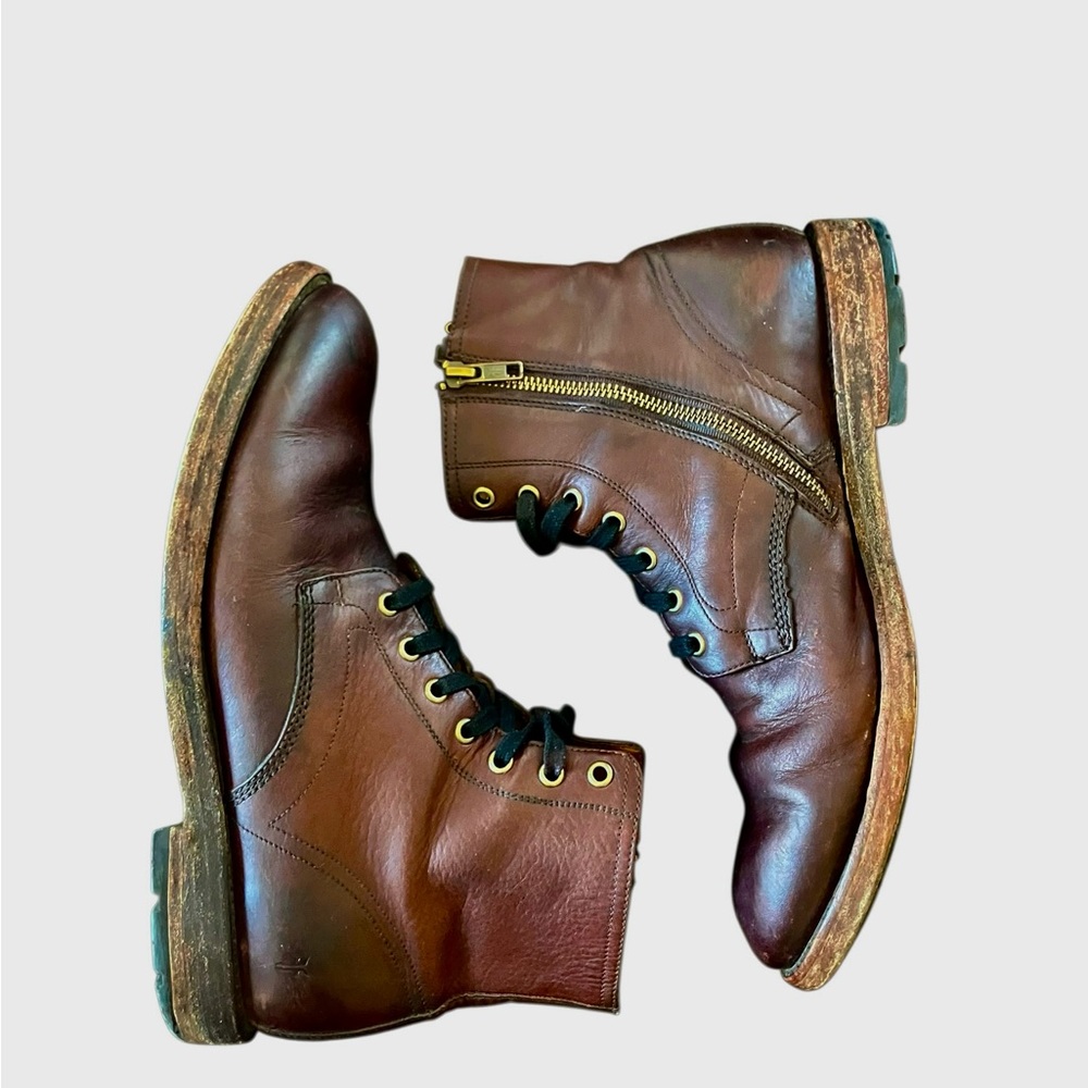 Frye Men's Bowery Lace-Up Side-Zip Boots - Size 9.5 - Brown Antiqued Leather